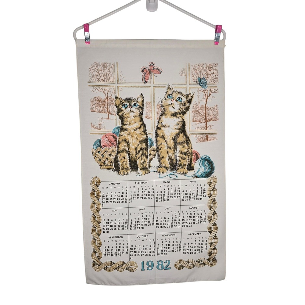 Vintage 1982 Kittens Playing Towel Calendar Polyester Grannycore Cottagecore